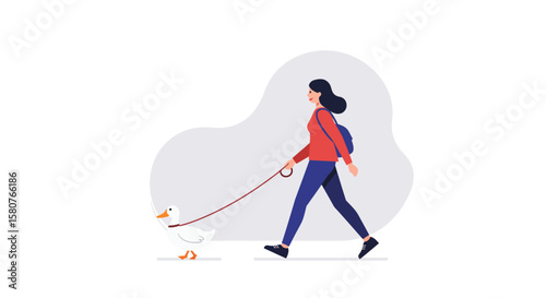 Woman walking a duck on a leash illustration featuring a female figure strolling with her pet duck in a park setting, vector art
