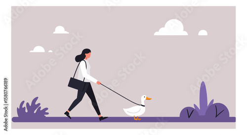Woman walking a duck on a leash in a park with whimsical clouds and stylized vegetation, creating a serene and quirky scene