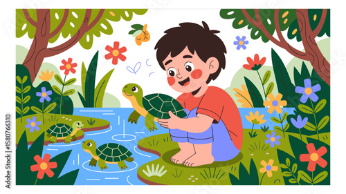 Young boy lovingly holds a turtle near a pond with other turtles in a vibrant natural setting illustration