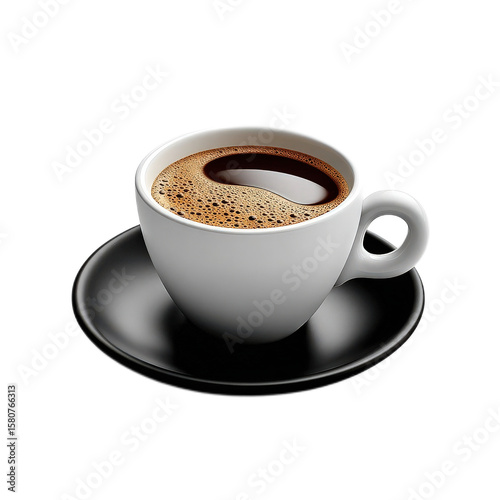 Freshly Brewed Coffee in a White Cup with Rich Creamy Foam and a Dark Saucer on a White Background
