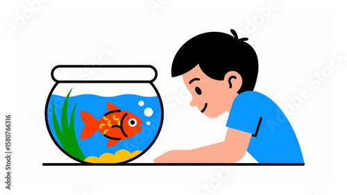 Young boy looking at a goldfish swimming in a fishbowl with aquatic plants and sand, captivated by the underwater scene