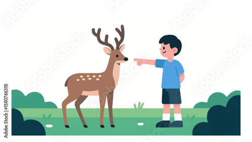 Young boy pointing at a spotted deer in a grassy field with green bushes and a white background, creating a whimsical and charming scene