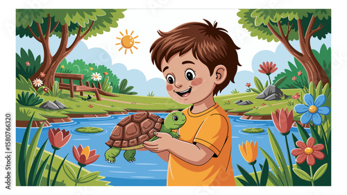 Young boy holding a turtle in a vibrant park setting with lush greenery and a calm pond illustration