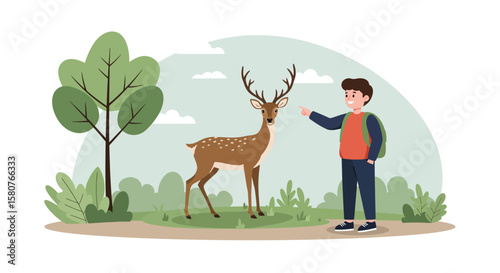 Young boy points at a spotted deer in a vibrant forest clearing during a nature hike adventure