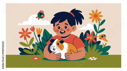 Young girl embracing her pet guinea pig surrounded by flowers and nature in a whimsical vector illustration