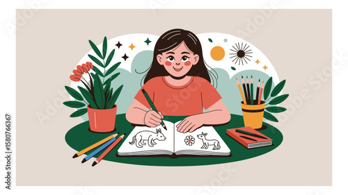 Young girl happily drawing animals in a coloring book with pencils and plants on a green table surrounded by decorative elements