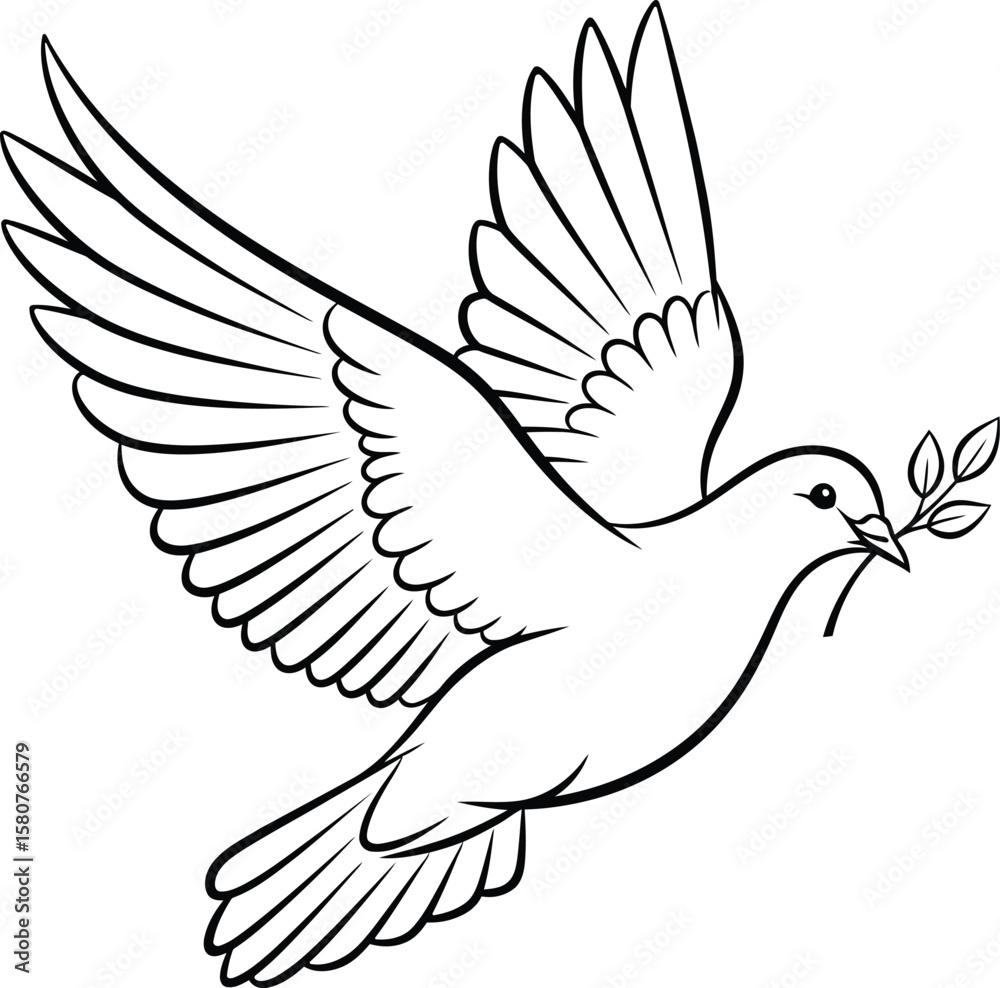 Obraz premium A beautifully crafted line drawing of a dove in mid-flight, elegantly holding an olive branch in its beak. This image represents peace and purity, making it ideal for various applications such as gree