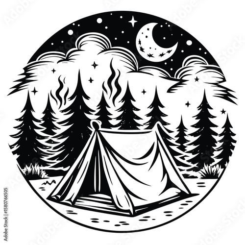 Camping scene under moonlit starry sky tent forest