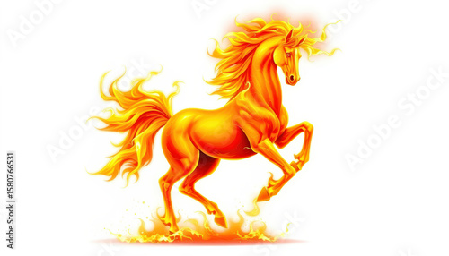 vibrant illustration of fiery horse with glowing golden body and flames emanating from its mane, tail, and hooves, symbolizing power and energy. white background enhances dynamic and mythical