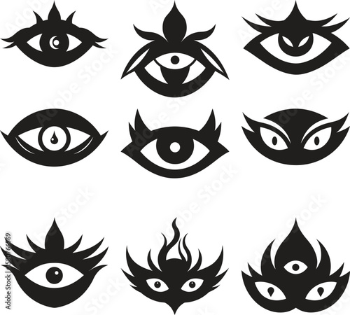 Collection of stylized eyes and masks, perfect for mystical designs