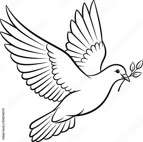 A beautifully crafted line drawing of a dove in mid-flight, elegantly holding an olive branch in its beak. This image represents peace and purity, making it ideal for various applications such as gree