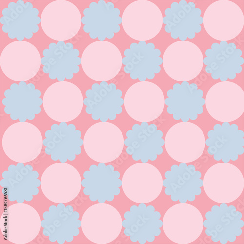 soft pastel floral and circle pattern vector - warm bright yellow, lilac purple, sky blue, blush pink seamless geometric design, whimsical geometric circle and flower pattern