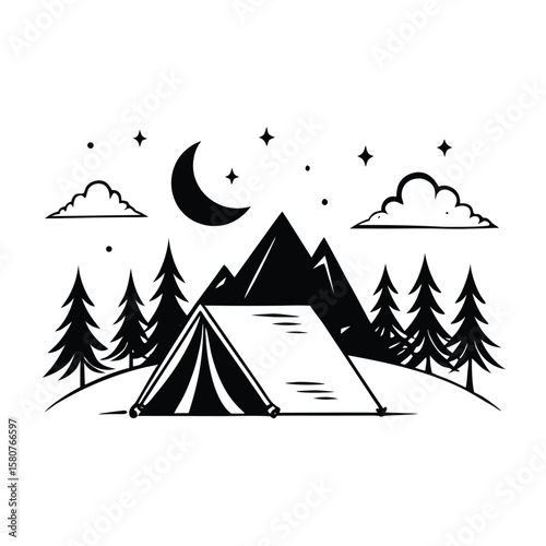 Camping scene with tent mountains moon and stars night