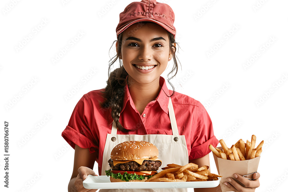 Happy young woman in uniform holding a tray with delicious burger and fries. Happy young woman in uniform holding a tray with delicious burger and fries.