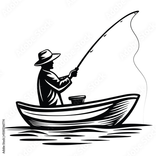 Fisherman casting line from boat fishing water