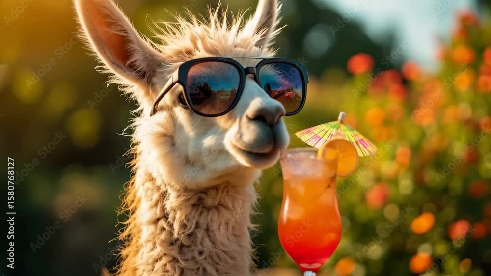 funny lama with cocktail and sunglasses 
