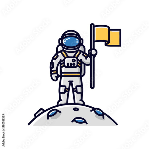 An astronaut stands on a lunar surface, holding a flag.