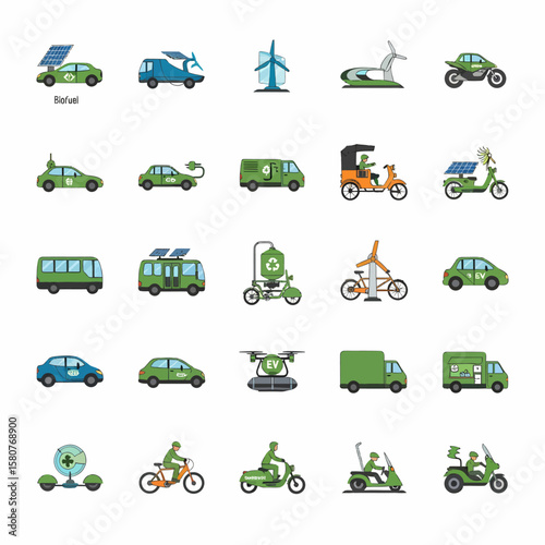 A collection of eco-friendly transportation icons showcasing various vehicles powered by renewable energy.