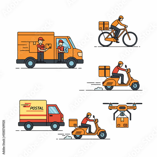 Delivery services depicted with various vehicles and delivery personnel.