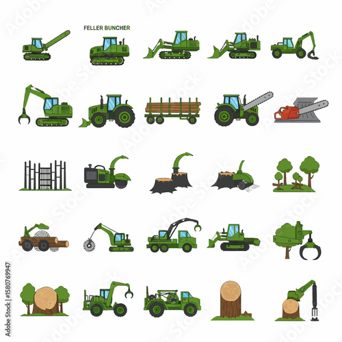A collection of various green forestry machines and equipment in a flat design.