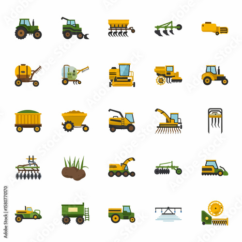 Flat icons depicting various agricultural machinery and equipment.
