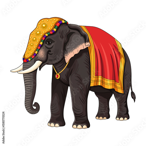 Traditional Kerala Decorated Elephant with Nettipattam and Festival Costume on Transparent Background