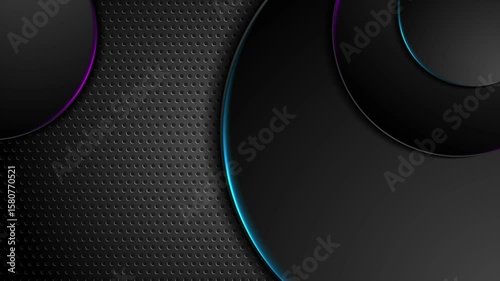 Black circles with glowing neon lines on dark perforated background. Seamless looping abstract technology motion design. Video animation Ultra HD 4K 3840x2160