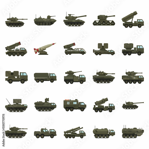 Collection of military vehicles and weaponry illustrations.