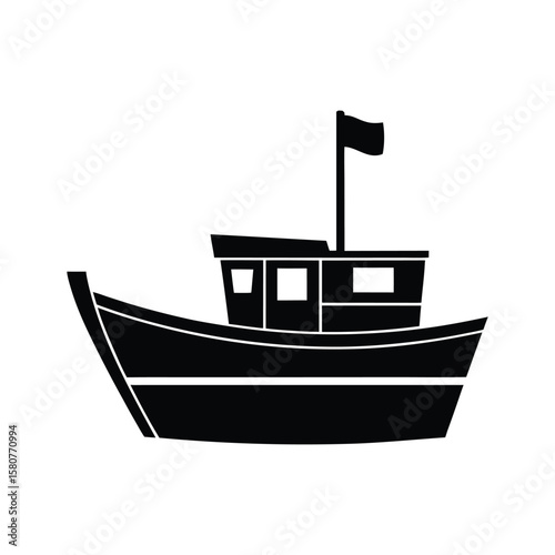 Ship or boat on the water: vector illustration of a marine vessel for travel, transport, or fishing a bold stylized minimalist silhouette of a fishing boat vector icon illustration on white background