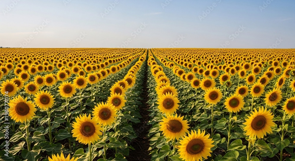 Obraz premium Vast Sunflower Field Under Clear Blue Sky, Symmetrical Rows, Vibrant Yellow Blooms, Midday Light, Radiant Floral Landscape
