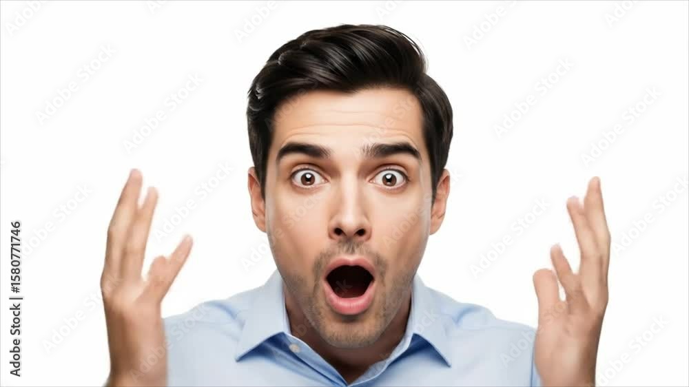 A man with a surprised expression, hands raised in astonishment.