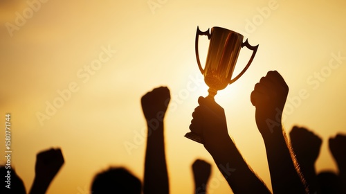 Winning trophy celebration with hands raised, golden glow, team sports event style