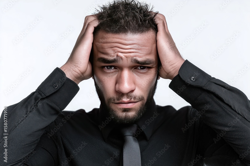Man with Hands on Head in Black Shirt and Tie, Expressing Stress or Frustration Man with Hands on Head in Black Shirt and Tie, Expressing Stress or Frustration