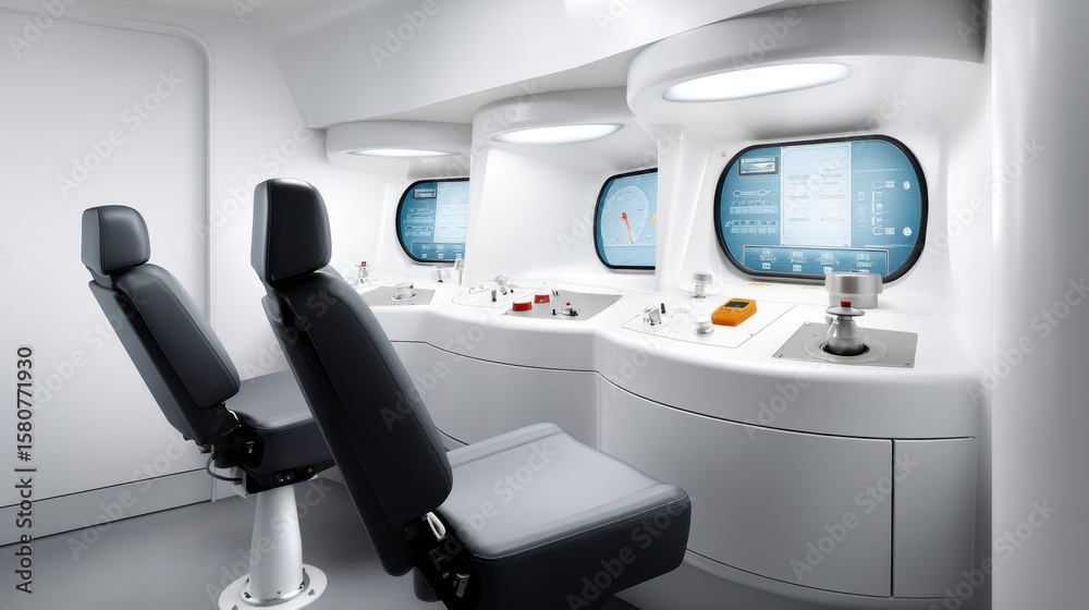 Fototapeta premium Futuristic Control Room Interior, Space Exploration, Technology Interface. Clean white design with digital display screens and comfortable seats.