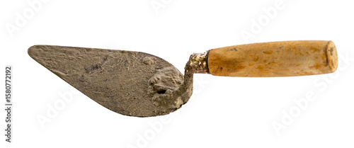 Bricklaying Trowel with Wooden Handle and Cement – Masonry Tool Isolated