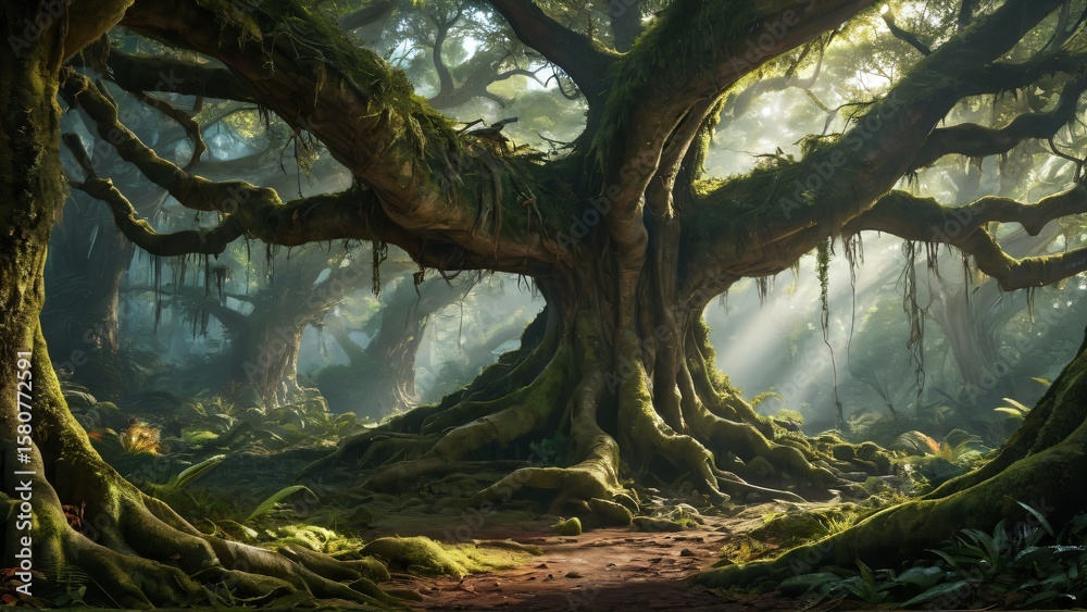 Fototapeta premium Sunlight streams through the branches of an ancient, mosscovered tree, illuminating a path in a lush, enchanted forest