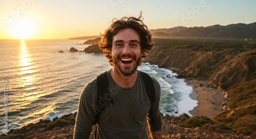 A happy hiker smiles against a vibrant sunset backdrop, overlooking a scenic coastline with ocean waves crashing on the rocks.
