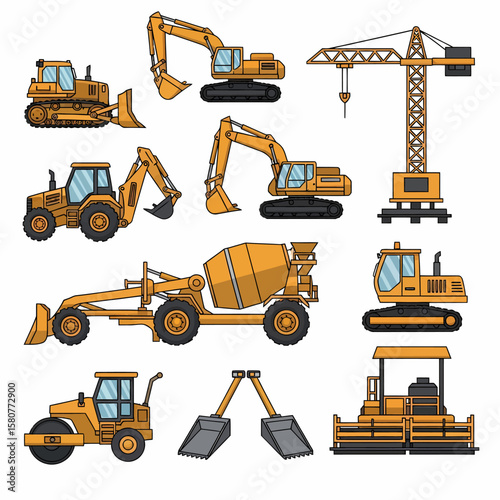 Collection of various construction vehicles, including excavators, bulldozers, and cranes, depicted in a simple, cartoonish style.