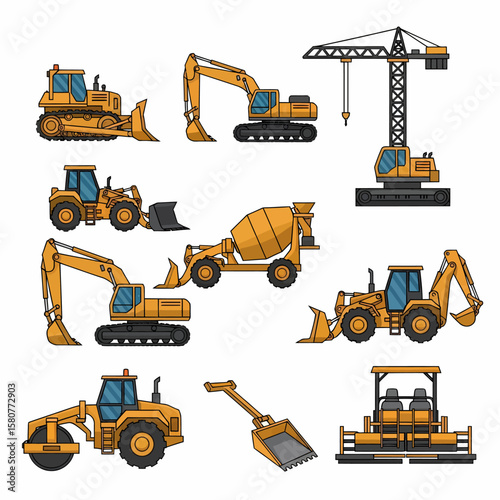 A collection of yellow construction vehicles, including excavators, bulldozers, and cranes, illustrated in a simple, cartoonish style.