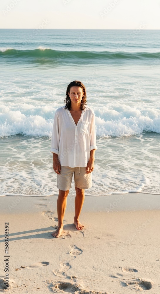 Woman Stands on Beach, Wet Hair, White Shirt, Facing Camera, Ocean Waves Woman Stands on Beach, Wet Hair, White Shirt, Facing Camera, Ocean Waves