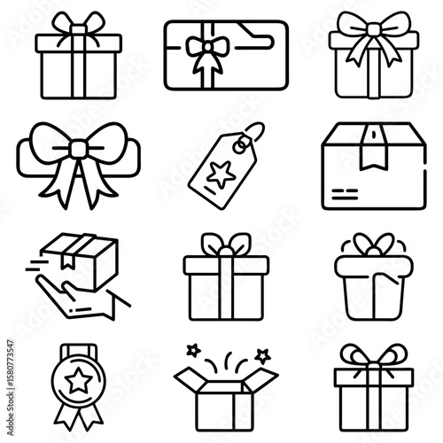 Illustration of various gift related icons including gift boxes bows ribbons and a delivery in black outline