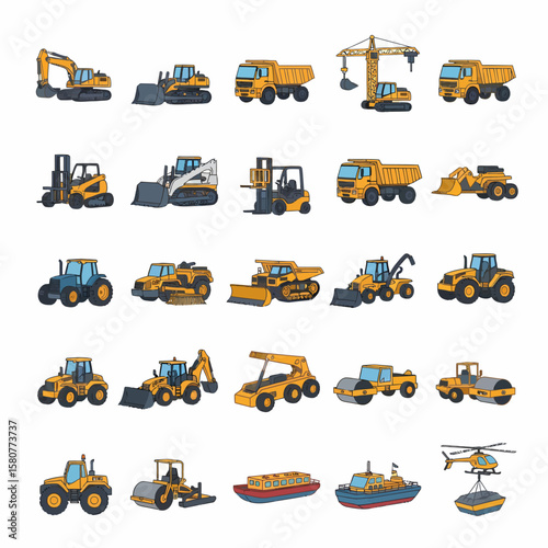 Collection of various construction vehicles, including excavators, trucks, and cranes, displayed in a grid format.