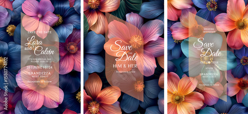 Elegant blooming wedding invitation template design, Luxury greeting design, save the date art design, colorful texture, Hand drawn texture design for invitation