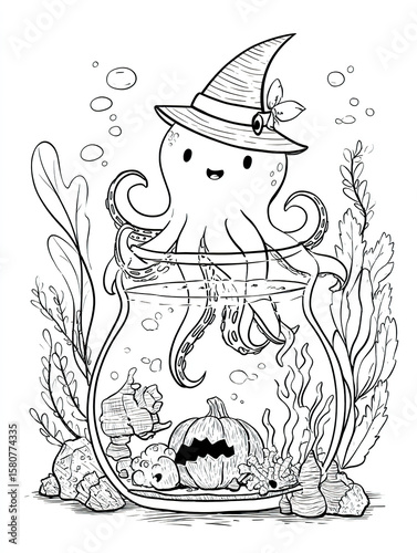 Halloween octopus coloring page for kids and adults printable vector design