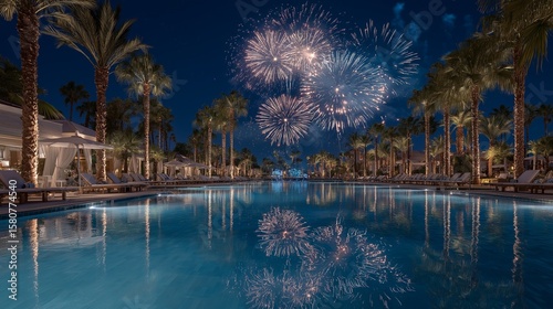 南国リゾートのプールと夜空を彩る花火