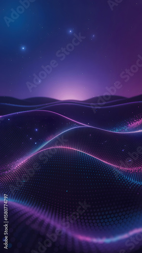 Digital abstract landscape with glowing purple and blue waves background digital art