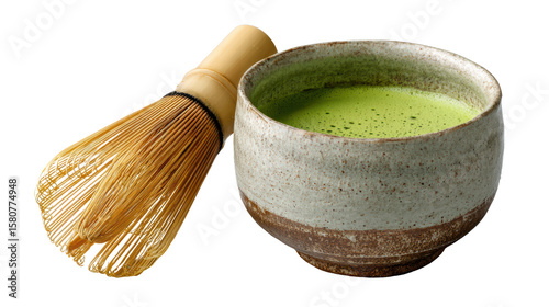 Traditional matcha tea set with a bamboo whisk and a ceramic bowl on a white isolated background.