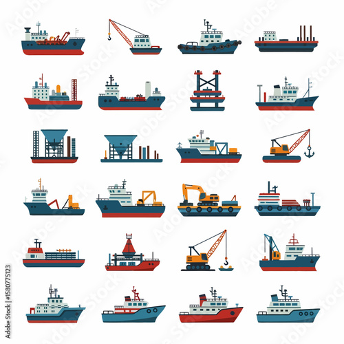 A collection of various types of ships and maritime vessels in a flat vector style, arranged in a grid on a white background.