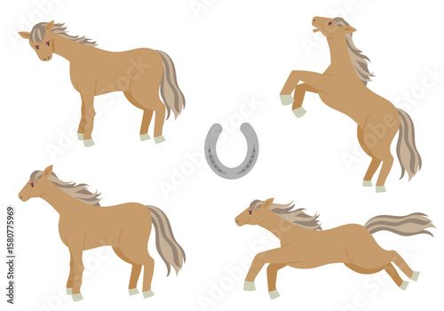 Vector illustration set of four horse poses on white background - standing, running, turning around, rearing up