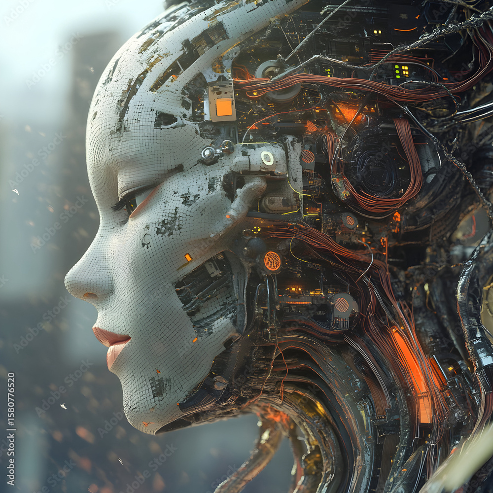 Fototapeta premium futuristic cyber woman with her head open exposing a digital circuit board 